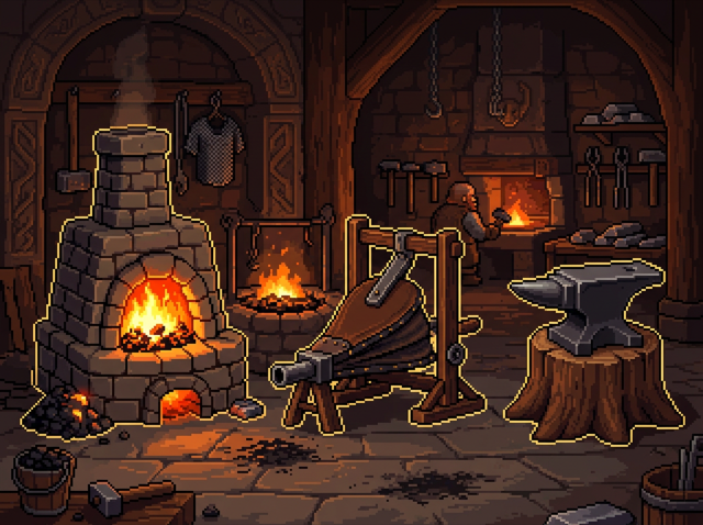 Furnace, bellows and anvil forge buildings