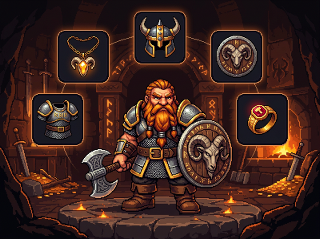 Dwarf equipment paperdoll with five gear slots