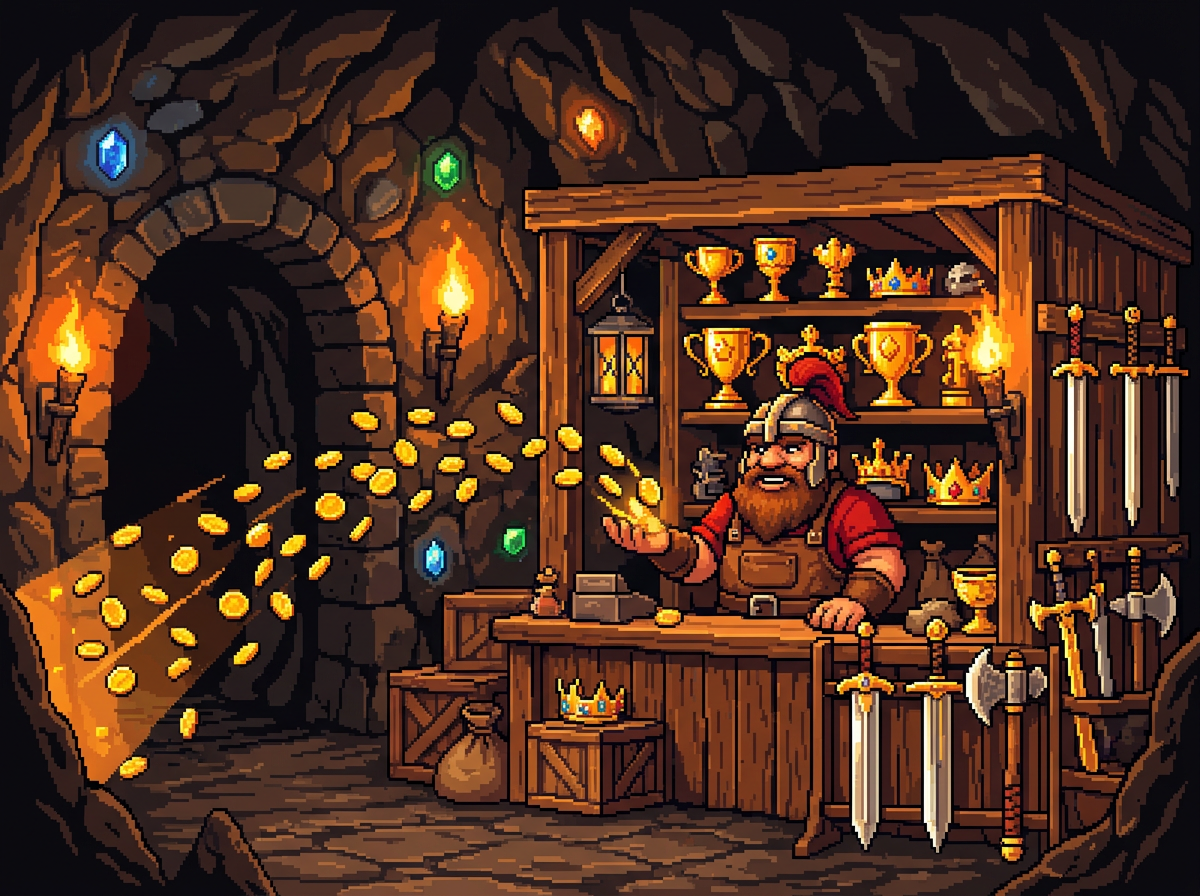 Dwarf stall selling trophies for gold