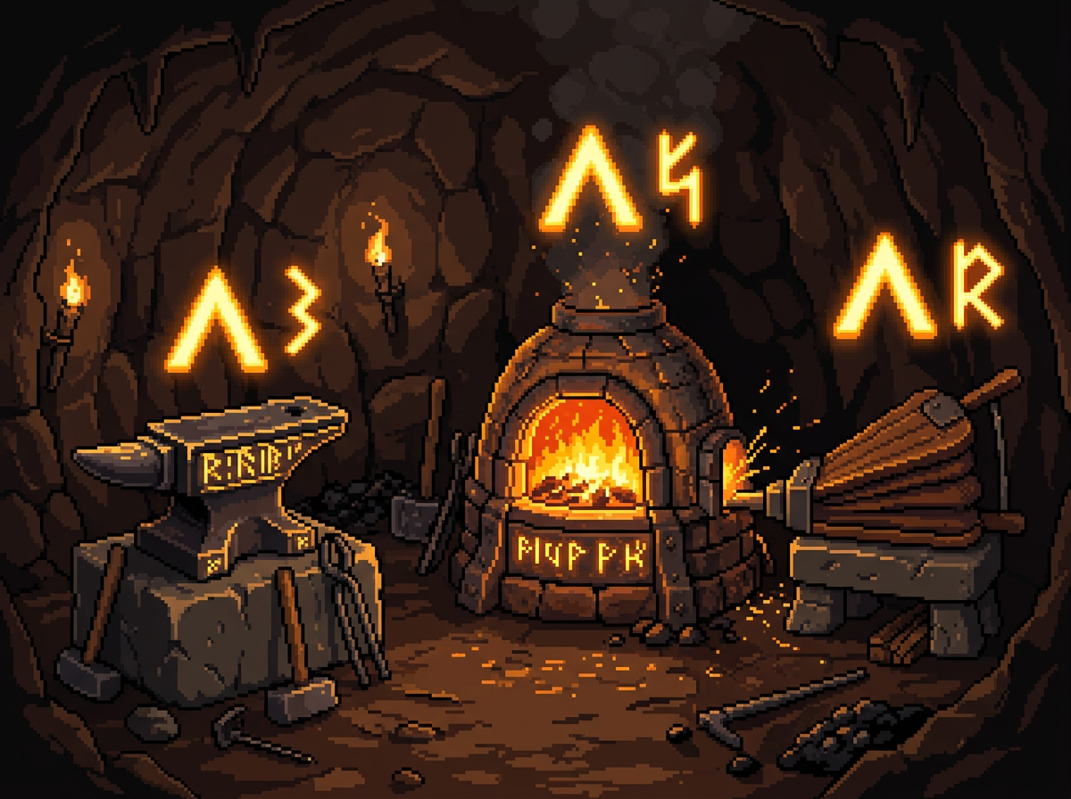 Runed anvil, furnace and bellows with upgrade arrows